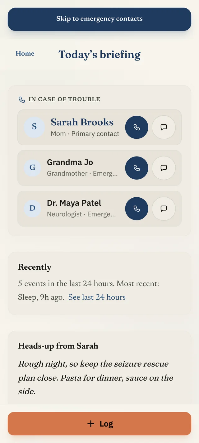 Briggzy first-shift briefing screen: emergency contacts one tap from a call, recent events, and a heads-up note from Mom