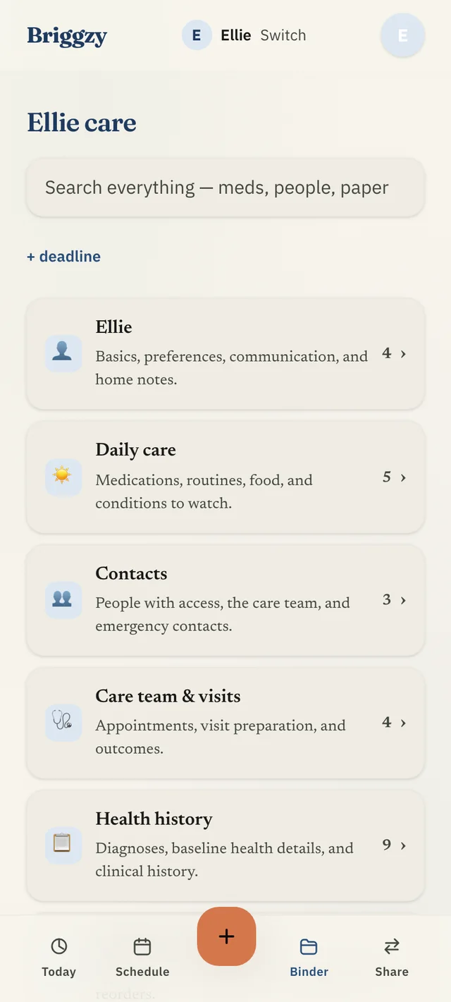 Briggzy binder for Ellie: sections for basics and preferences, daily care, contacts, care team and visits, and health history, each showing how much is filled in