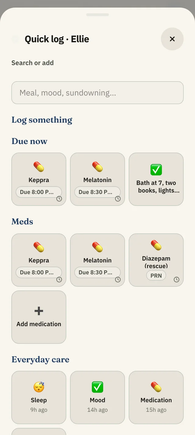 Briggzy quick log sheet: meds due now, the full med list, and one-tap tiles for sleep, mood, and medication